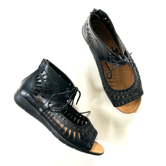 comfortview Shoes - Comfortview Black Leather Laser Cut Lace-Up Ankle Sandals